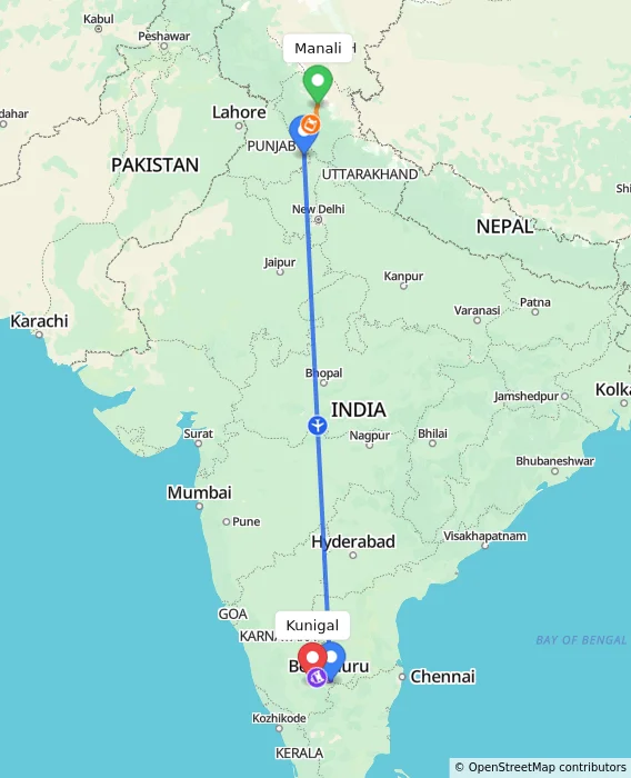 Route map showing distance and travel time from Manali, India to Kunigal, India