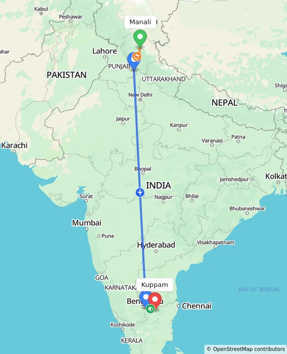 Route map showing distance and travel time from Manali, India to Kuppam, India