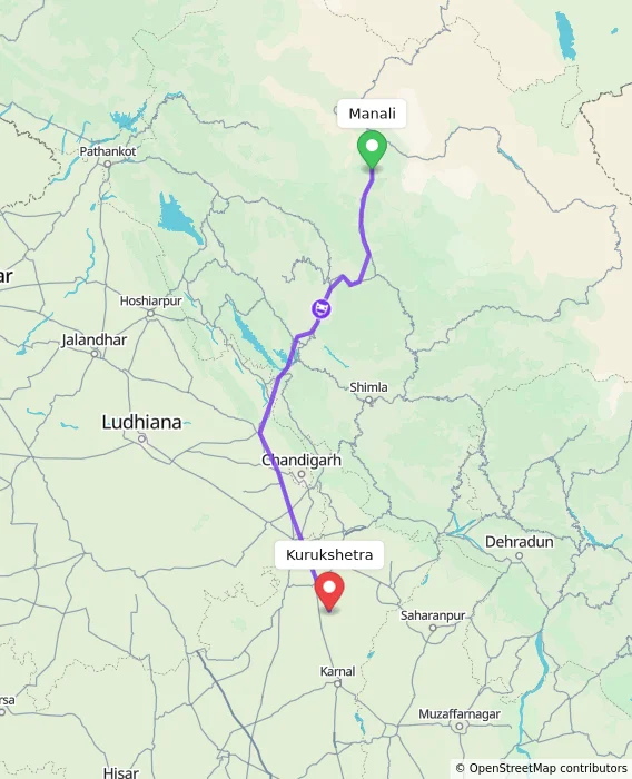 Route map showing distance and travel time from Manali, India to Kurukshetra, India