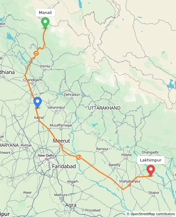 Route map showing distance and travel time from Manali, India to Lakhimpur, India