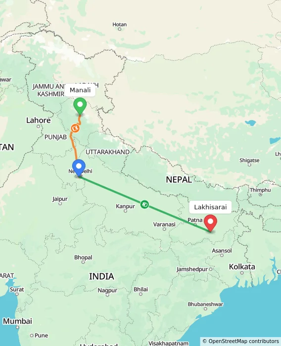 Route map showing distance and travel time from Manali, India to Lakhisarai, India