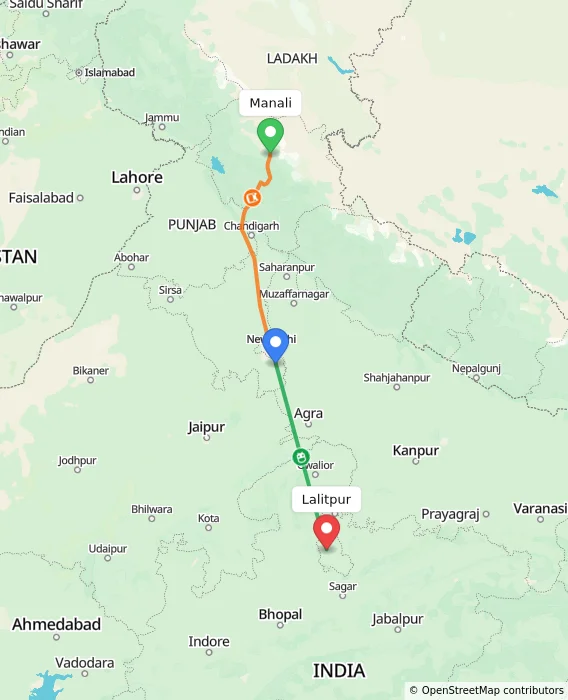 Route map showing distance and travel time from Manali, India to Lalitpur, India