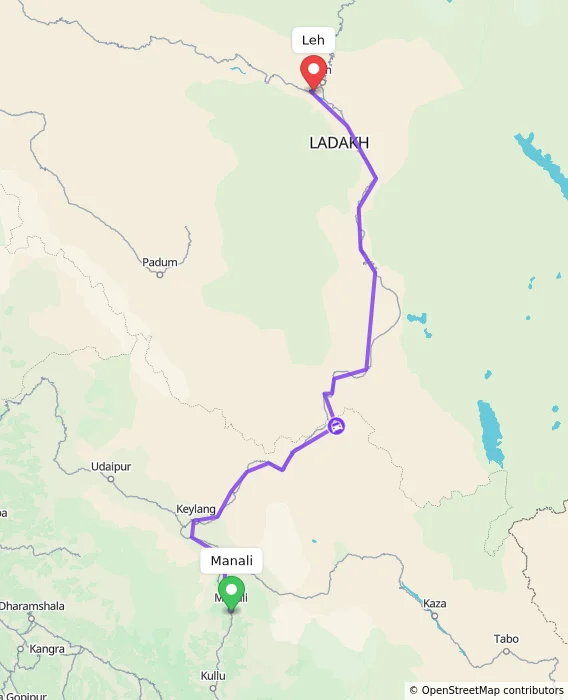 Route map showing distance and travel time from Manali, India to Leh, India