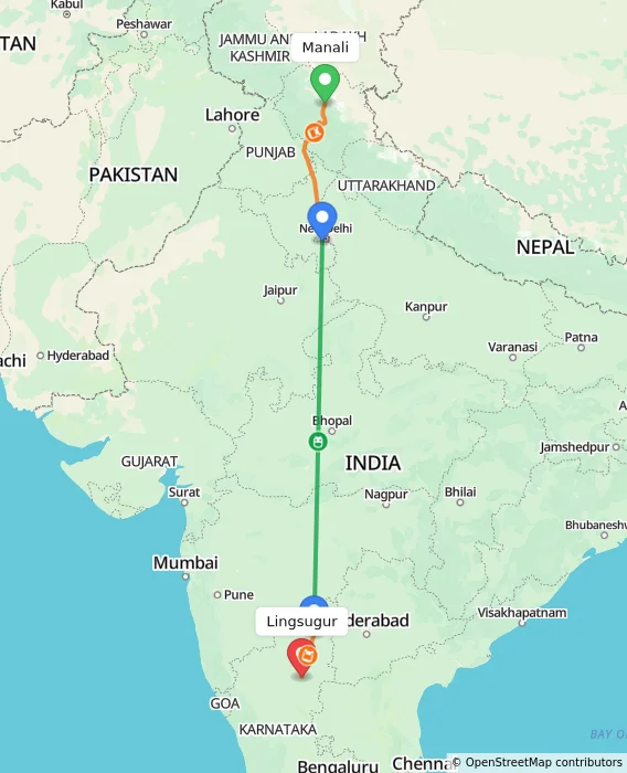 Route map showing distance and travel time from Manali, India to Lingsugur, India