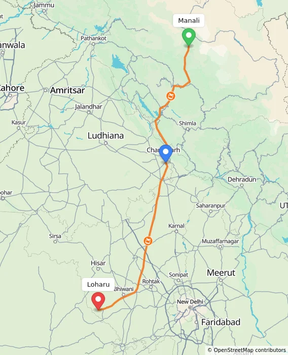 Route map showing distance and travel time from Manali, India to Loharu, India