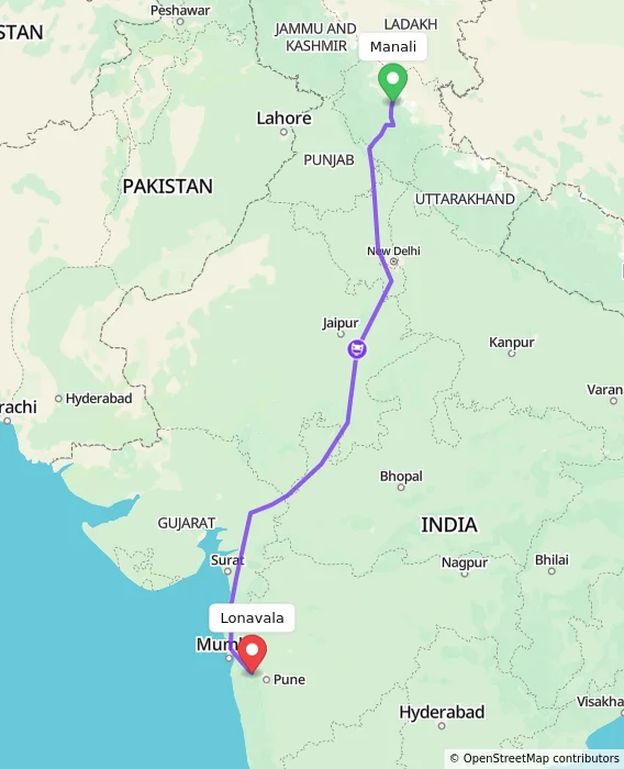Route map showing distance and travel time from Manali, India to Lonavala, India