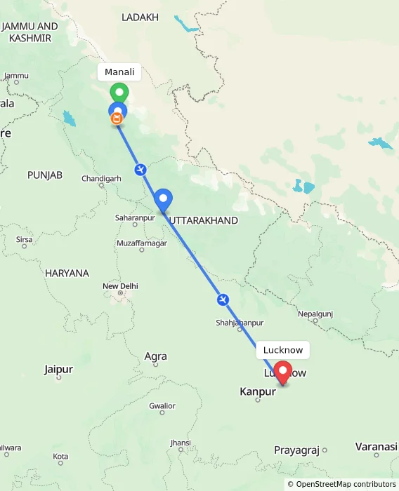 Route map showing distance and travel time from Manali, India to Lucknow, India