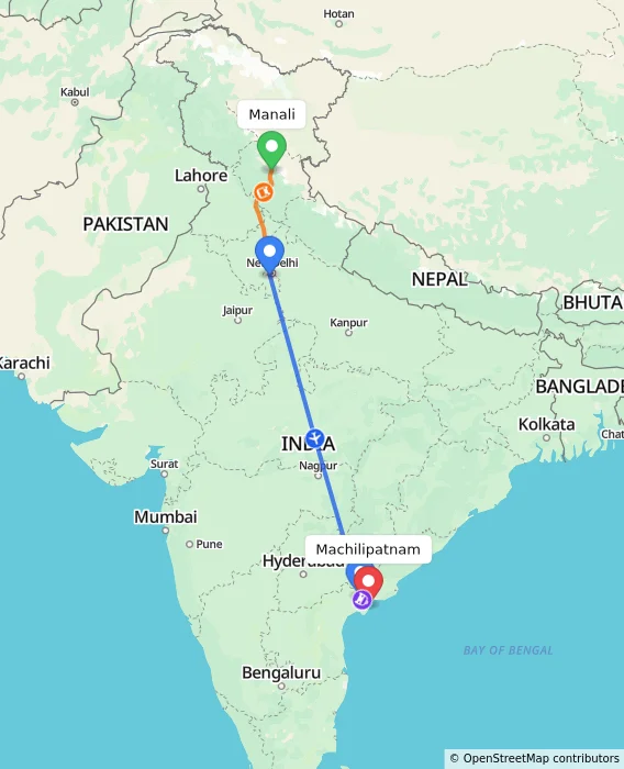 Route map showing distance and travel time from Manali, India to Machilipatnam, India