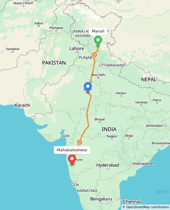 Route map showing distance and travel time from Manali, India to Mahabaleshwar, India