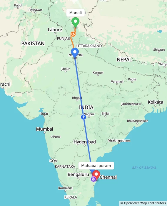 Route map showing distance and travel time from Manali, India to Mahabalipuram, India