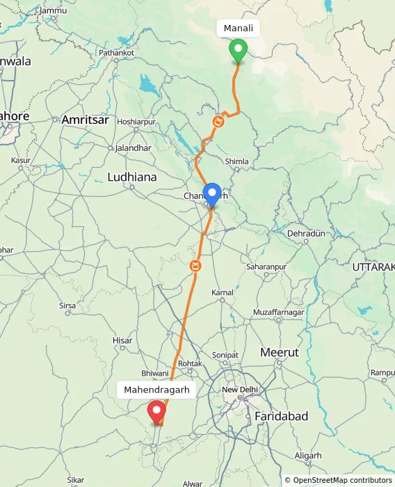 Route map showing distance and travel time from Manali, India to Mahendragarh, India