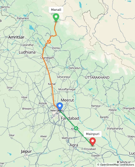 Route map showing distance and travel time from Manali, India to Mainpuri, India