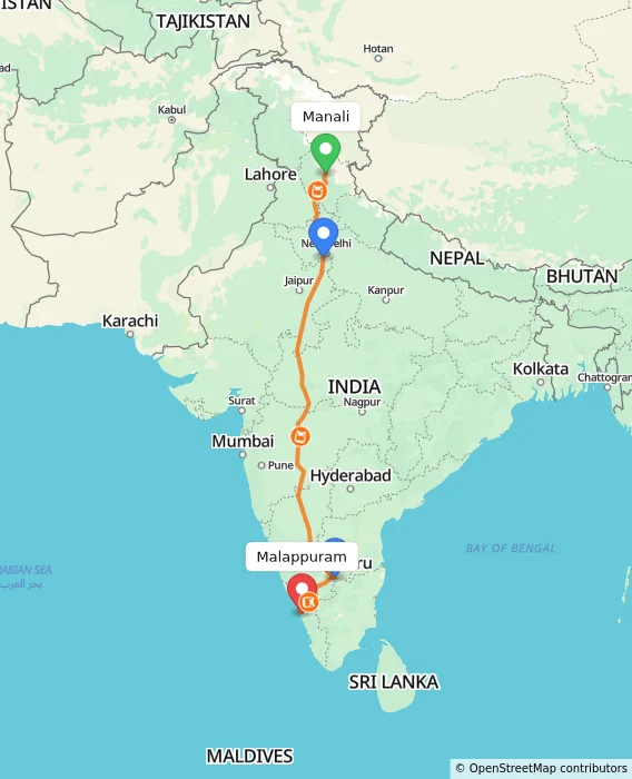 Route map showing distance and travel time from Manali, India to Malappuram, India