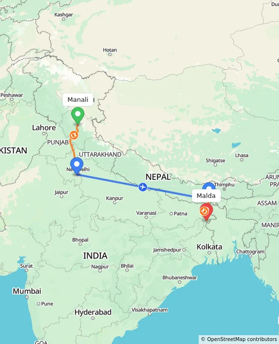 Route map showing distance and travel time from Manali, India to Malda, India