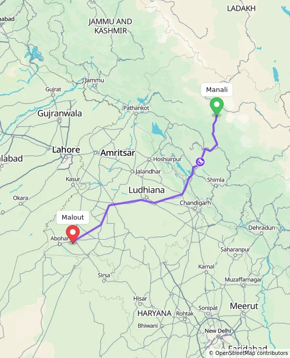 Route map showing distance and travel time from Manali, India to Malout, India