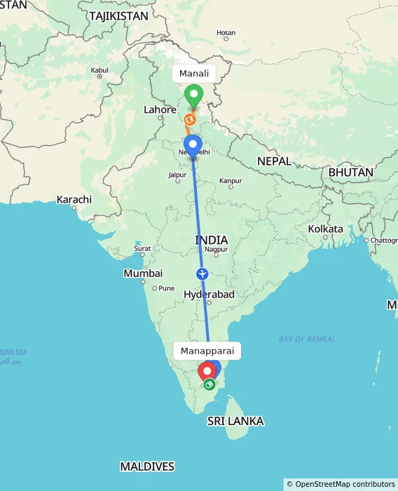 Route map showing distance and travel time from Manali, India to Manapparai, India