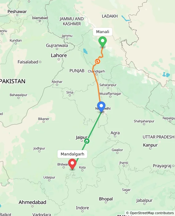 Route map showing distance and travel time from Manali, India to Mandalgarh, India