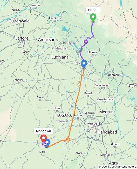 Route map showing distance and travel time from Manali, India to Mandawa, India