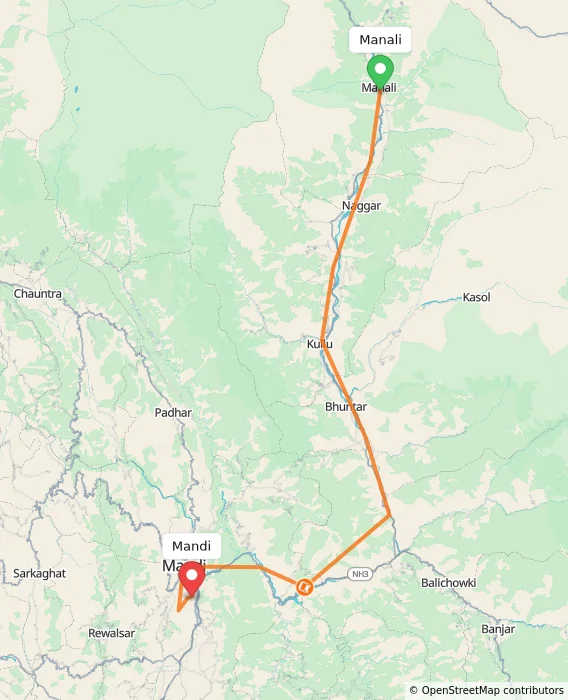 Route map showing distance and travel time from Manali, India to Mandi, India