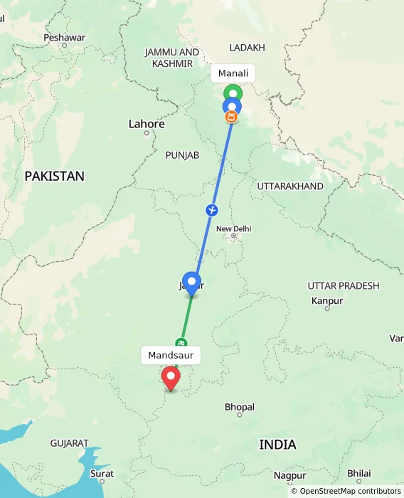 Route map showing distance and travel time from Manali, India to Mandsaur, India