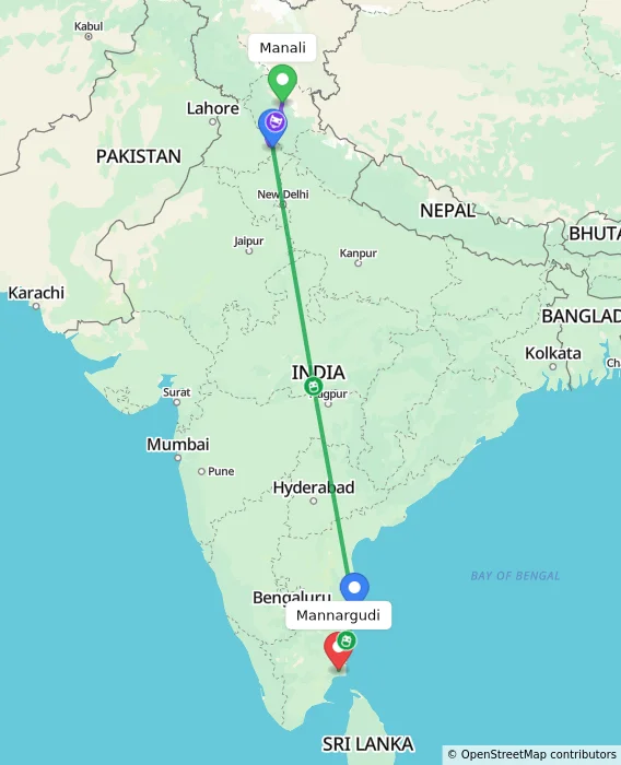 Route map showing distance and travel time from Manali, India to Mannargudi, India