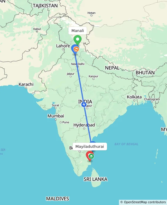Route map showing distance and travel time from Manali, India to Mayiladuthurai, India