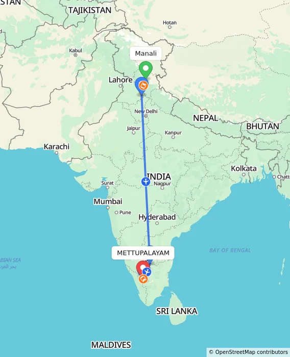 Route map showing distance and travel time from Manali, India to METTUPALAYAM, India
