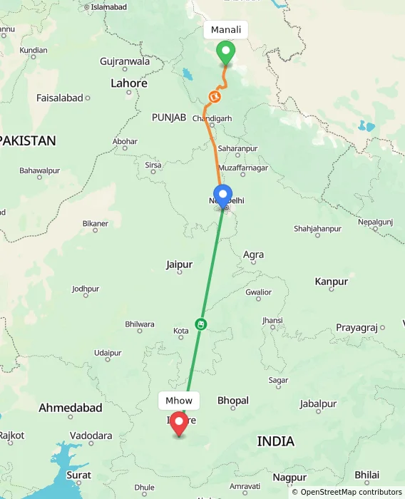 Route map showing distance and travel time from Manali, India to Mhow, India