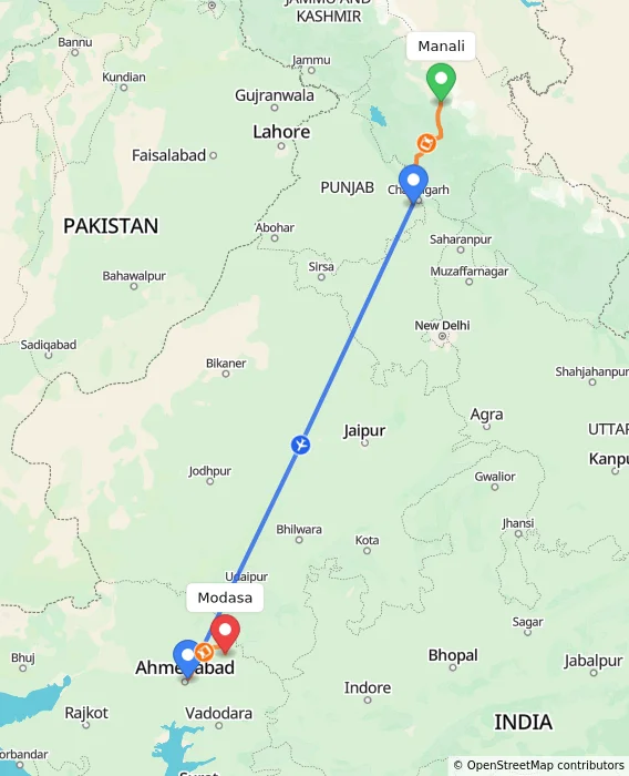 Route map showing distance and travel time from Manali, India to Modasa, India