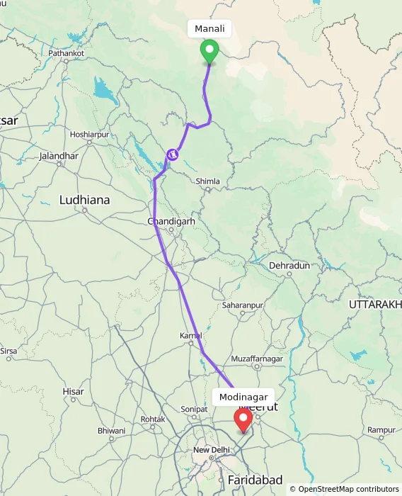 Route map showing distance and travel time from Manali, India to Modinagar, India