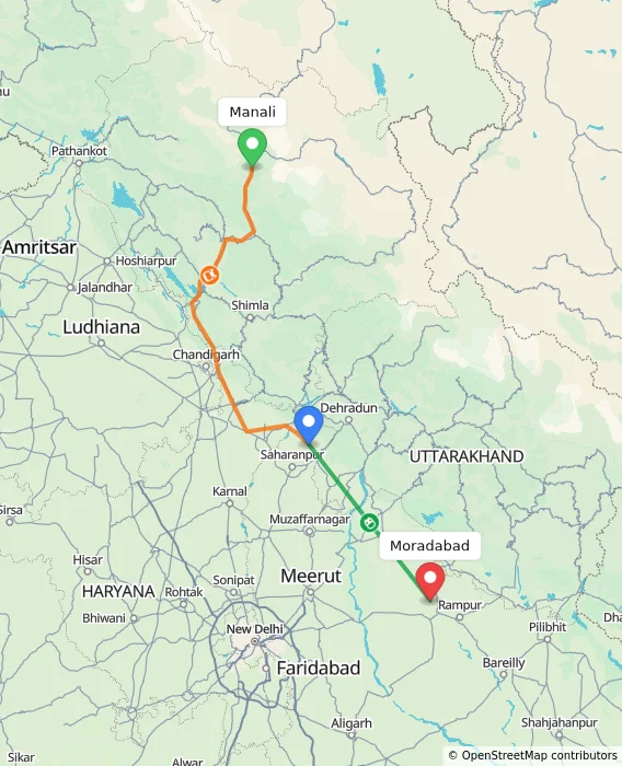 Route map showing distance and travel time from Manali, India to Moradabad, India
