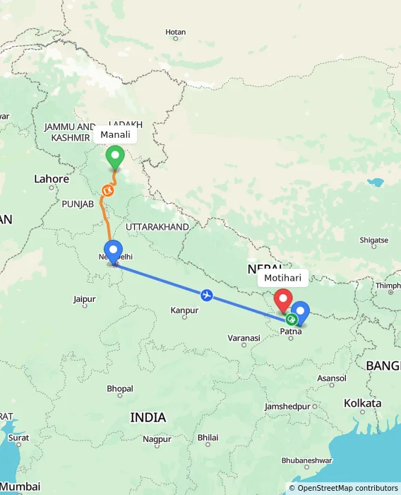 Route map showing distance and travel time from Manali, India to Motihari, India