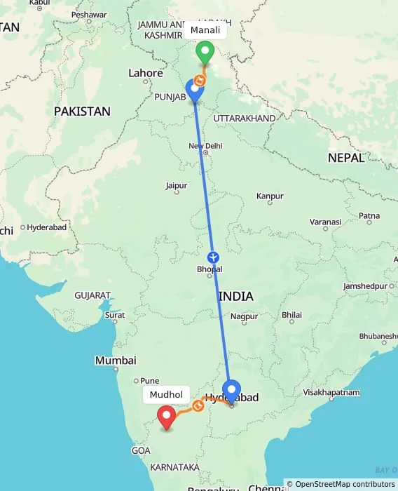 Route map showing distance and travel time from Manali, India to Mudhol, India