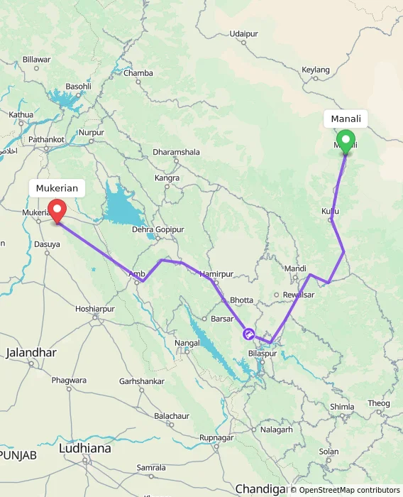 Route map showing distance and travel time from Manali, India to Mukerian, India