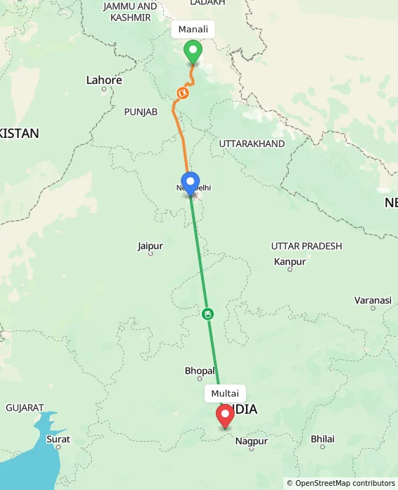 Route map showing distance and travel time from Manali, India to Multai, India
