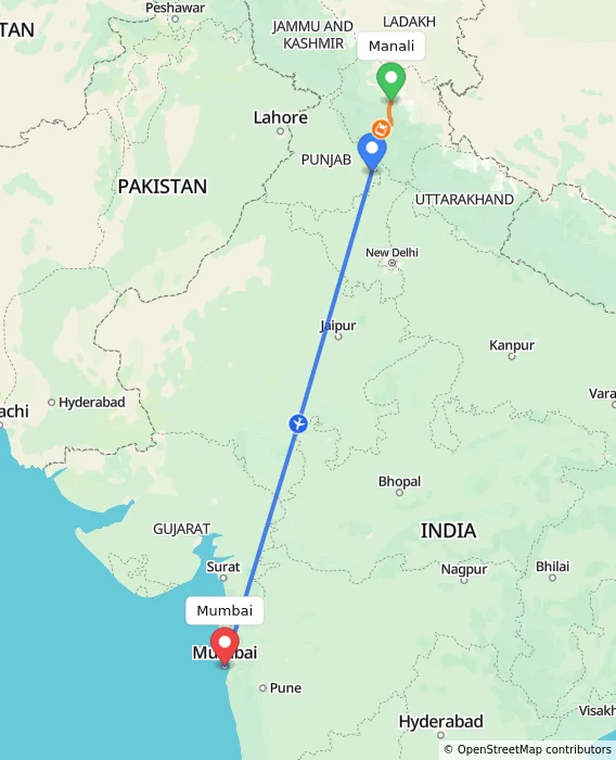 Route map showing distance and travel time from Manali, India to Mumbai, India