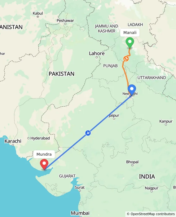 Route map showing distance and travel time from Manali, India to Mundra, India