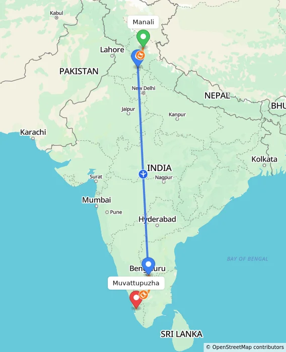 Route map showing distance and travel time from Manali, India to Muvattupuzha, India