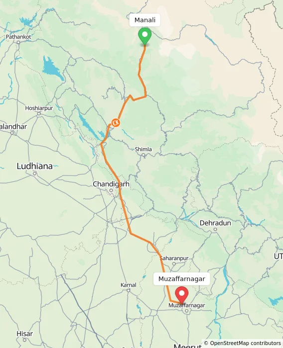 Route map showing distance and travel time from Manali, India to Muzaffarnagar, India