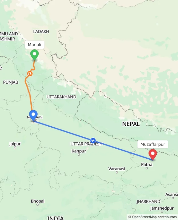 Route map showing distance and travel time from Manali, India to Muzaffarpur, India