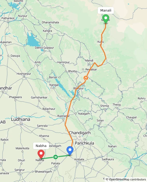 Route map showing distance and travel time from Manali, India to Nabha, India