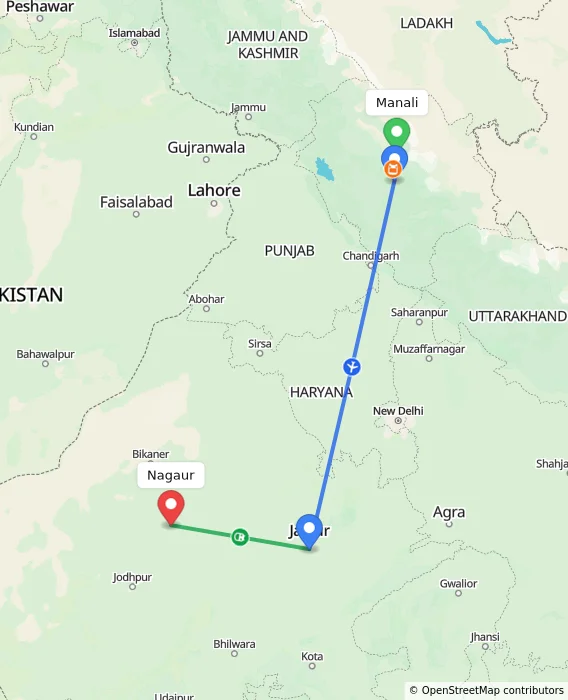Route map showing distance and travel time from Manali, India to Nagaur, India