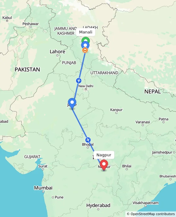 Route map showing distance and travel time from Manali, India to Nagpur, India