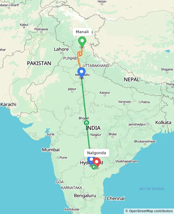 Route map showing distance and travel time from Manali, India to Nalgonda, India