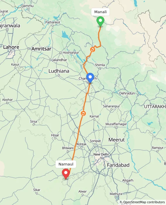 Route map showing distance and travel time from Manali, India to Narnaul, India