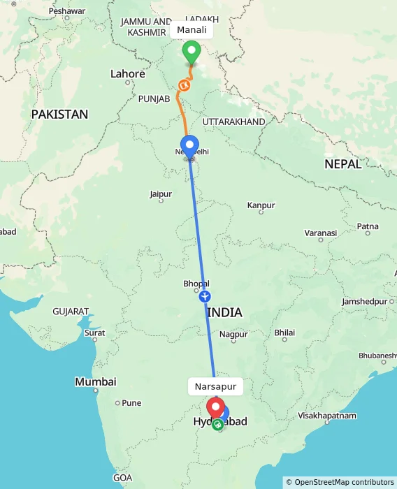 Route map showing distance and travel time from Manali, India to Narsapur, India