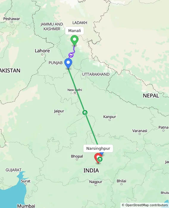 Route map showing distance and travel time from Manali, India to Narsinghpur, India