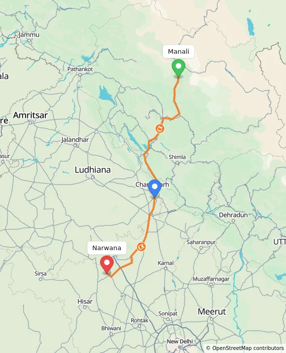 Route map showing distance and travel time from Manali, India to Narwana, India