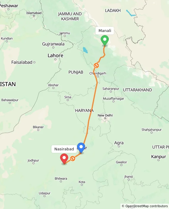 Route map showing distance and travel time from Manali, India to Nasirabad, India