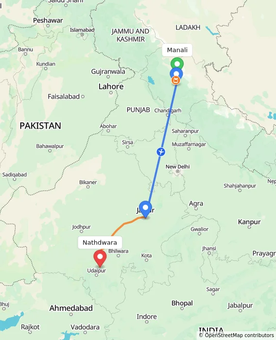 Route map showing distance and travel time from Manali, India to Nathdwara, India